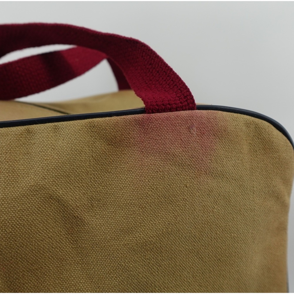 Vintage Tapestry Golf Scene Small Duffel Bag Tan Canvas Burgundy Handles - Picture 5 of 10